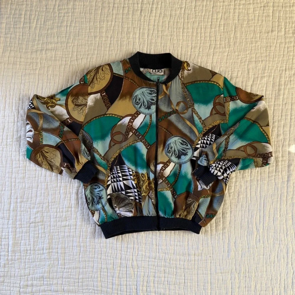 Vintage Clio Womens 90s Baroque Chain Print Bomber Jacket Size S/M Retro‎